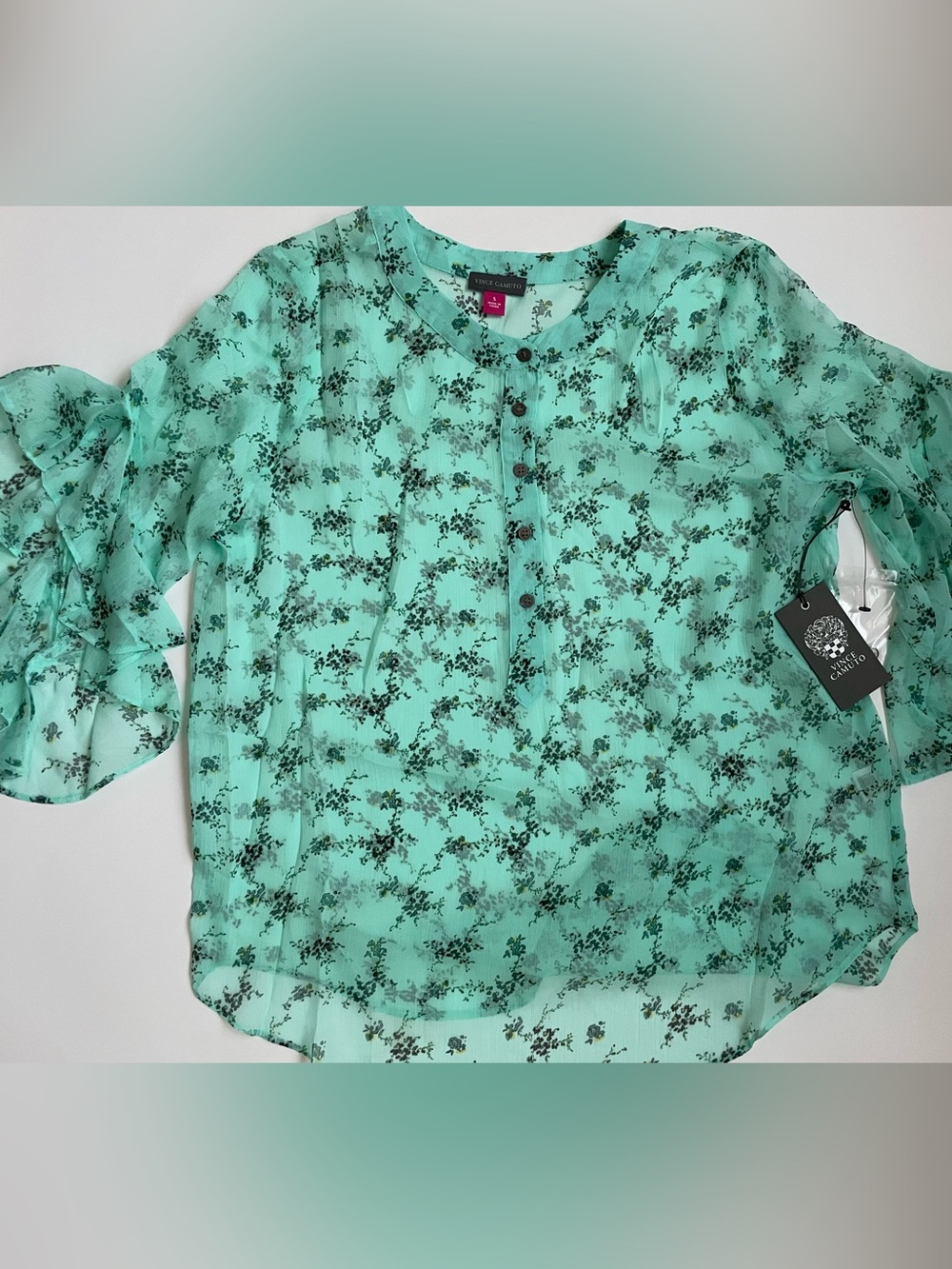Vince Camuto Vivid Charm Floral Blouse Aqua Ice Sheer Long Sleeve Size Small NWT